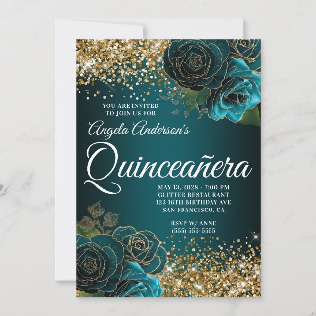 Convites Glitter Dourado Azul Teal Glam Quinceañera (Frente)