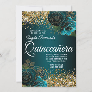 Convites Glitter Dourado Azul Teal Glam Quinceañera