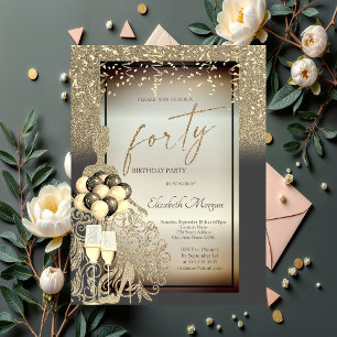 Convites Glitter Dourado, Balões, aniversário de 40 anos