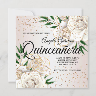 Convites Glitter Dourado Branco Floral Glam Quinceañera