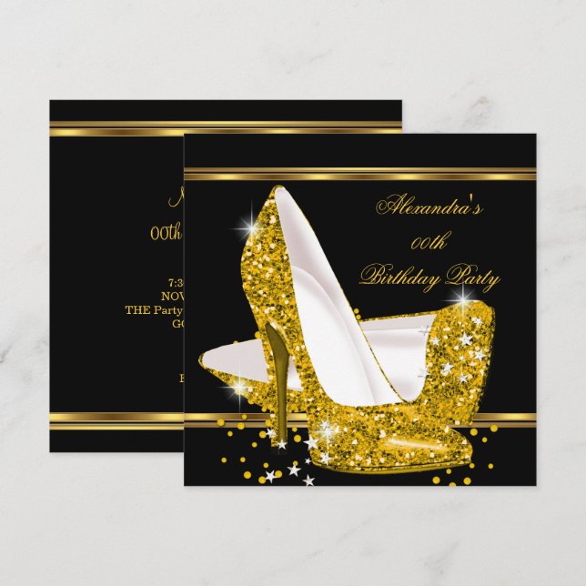 Convites Glitter Dourado brilhante Elegante Preto de Alto C (Frente/Verso)