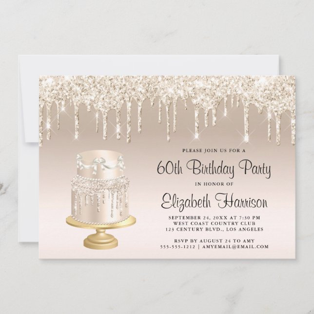 Convites Glitter Dourado Cake 60th Festa de aniversário (Frente)