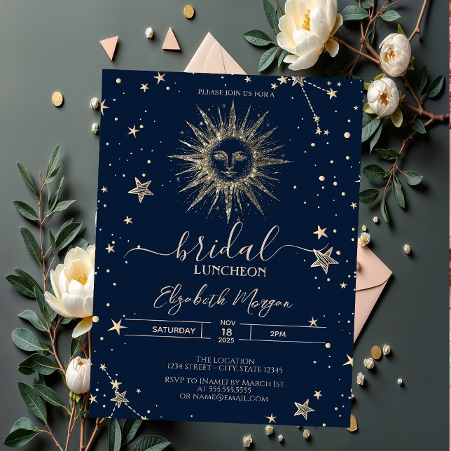 Convites Glitter Dourado Celestial Estrelas Sol Bridal Lunc (Criador carregado)