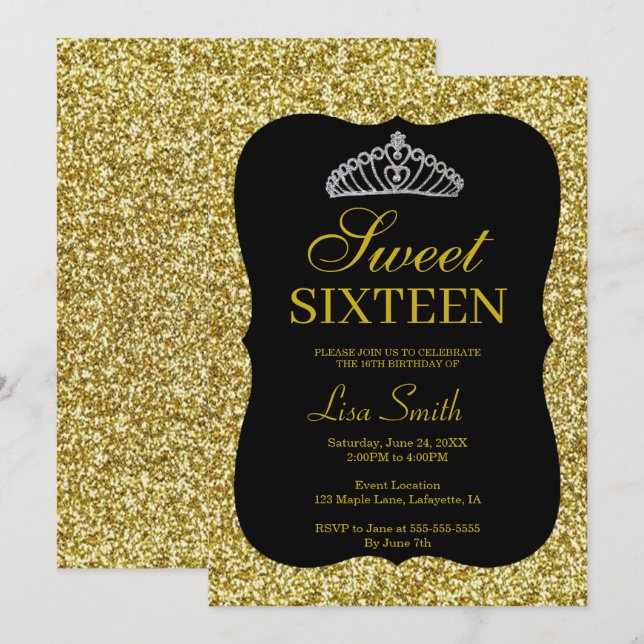 Convites Glitter Dourado Chic Elegante Tiara Sweet 16 (Frente/Verso)