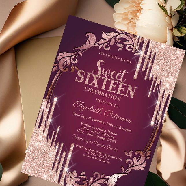 Convites Glitter Dourado com Rosa de Quadro Retroativo Susp (Criador carregado)