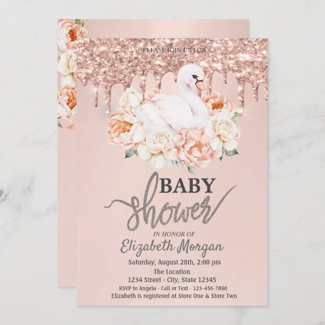 Convites Glitter Dourado com Rosa de Swan para Bebê de Aqua (Frente/Verso)