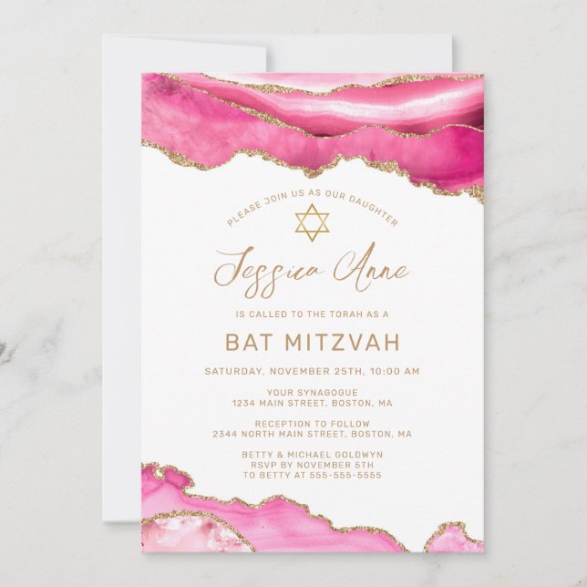 Convites Glitter Dourado Cor-de-rosa-chic Bat Mitzvah (Frente)