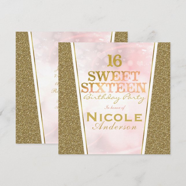 Convites Glitter Dourado cor-de-rosa Glama Sweet 16 Festa d (Frente/Verso)
