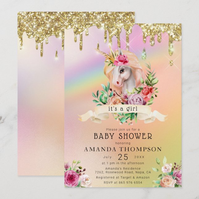 Convites Glitter Dourado dá um Chá de fraldas de Garota Uni (Frente/Verso)