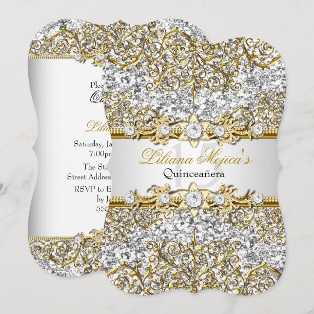 Convites Glitter Dourado Damask Quinceanera Invite (Frente/Verso)