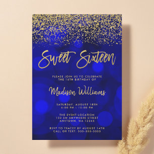 Convites Glitter Dourado de Bokeh Azul Moderno 16