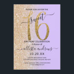 Convites Glitter Dourado de Lavanda Girly Chic Ombre Sweet<br><div class="desc">Este convite de aniversário giro e chique de 16 anos é perfeito para o dia especial da sua filha adolescente. Ele apresenta uma brilhante brilha de ouro cintilante, impressa em falso, grande, "16", sobre um simples roxo de lavanda pastel e brilho dourado sujo, fundo ombre gradiente. É simples, único, moderno,...</div>