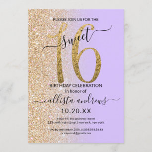 Convites Glitter Dourado de Lavanda Girly Chic Ombre Sweet