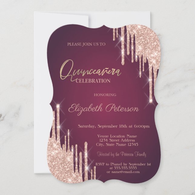 Convites Glitter Dourado de rosa Quinceanera (Frente)