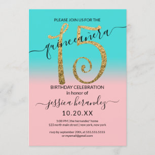 Convites Glitter Dourado de Teal Rosa Girassol Quinceañera