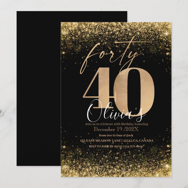 Convites Glitter Dourado do Partido aniversário de 40 anos  (Frente/Verso)
