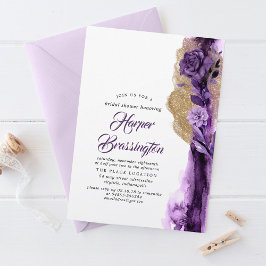 Convites Glitter Dourado e Chá de panela Floral Púrpura de 