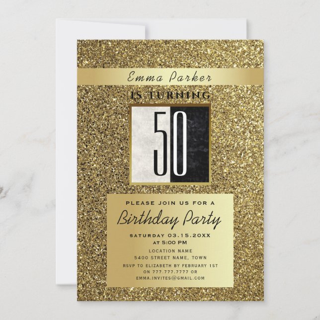 Convites Glitter Dourado e Preto 50º Aniversário (Frente)