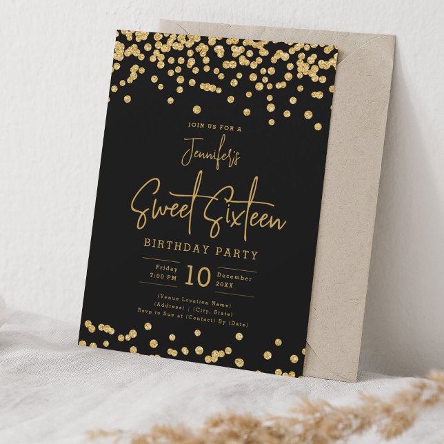Convites Glitter Dourado Elegante Confetti Sweet 16 Partido (Criador carregado)