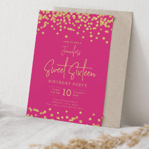 Convites Glitter Dourado Elegante Confetti Sweet 16 Rosa Qu