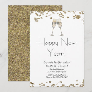 Convites Glitter Dourado Elegante do feliz ano novo e branc