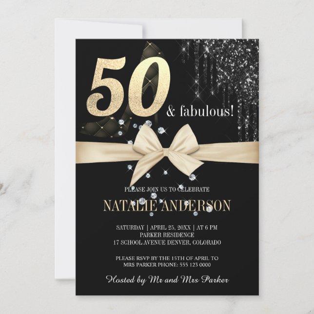 Convites Glitter Dourado Elegante Preto Coloca 50º (Frente)