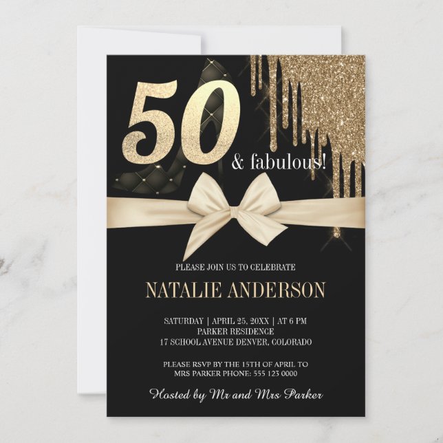 Convites Glitter Dourado Elegante Preto Coloca 50º (Frente)