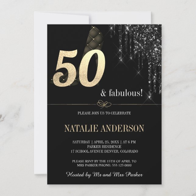 Convites Glitter Dourado Elegante Preto Coloca 50º (Frente)
