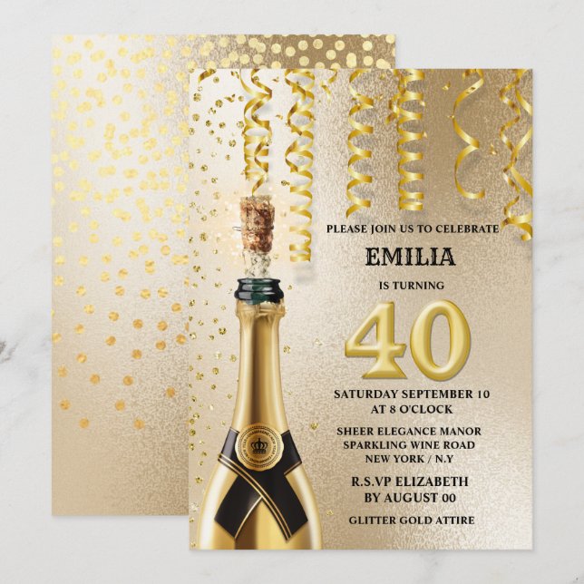 Convites Glitter dourado falso de vinho espumante de 40 mar (Frente/Verso)