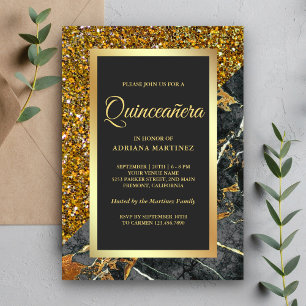 Convites Glitter Dourado Falso Mármore Cinza Carvão Quincea