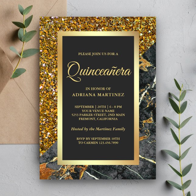 Convites Glitter Dourado Falso Mármore Cinza Carvão Quincea (Criador carregado)