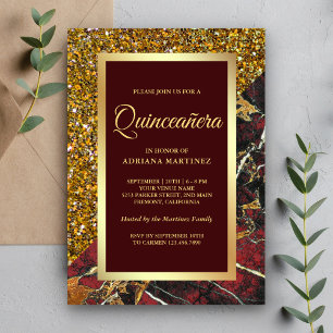 Convites Glitter Dourado Falso Mármore Vermelho Burgundy Qu