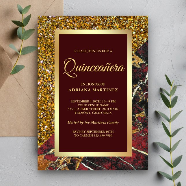Convites Glitter Dourado Falso Mármore Vermelho Burgundy Qu (Criador carregado)
