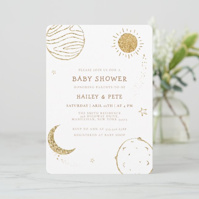 Convites Glitter Dourado Galáxia Lua Estrela Chuveiro de Be (Em pé/Frente)
