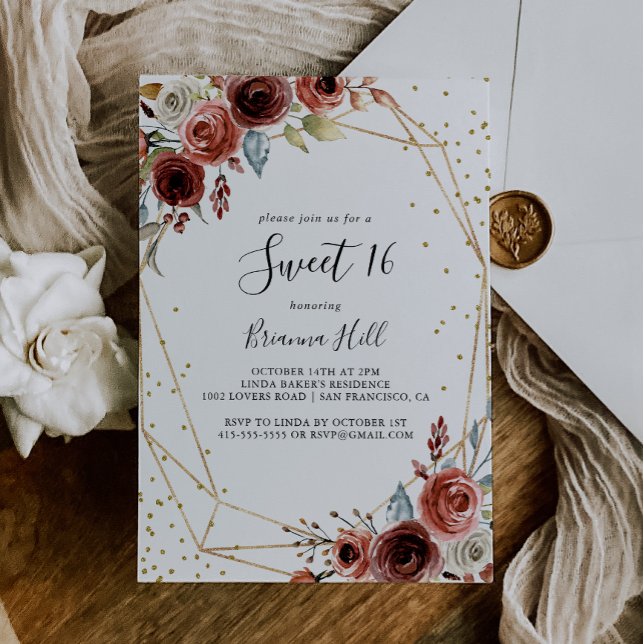 Convites Glitter Dourado geométrico Doce 16 Festas de anive (Criador carregado)