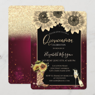 Convites Glitter Dourado Girassóis, Quinceanera Burgundia