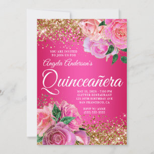 Convites Glitter Dourado, Glicor Flor Rosa Quente Quinceañe