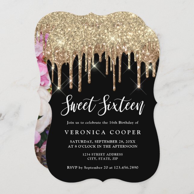 Convites Glitter dourado legante gota doce 16 foto (Frente/Verso)