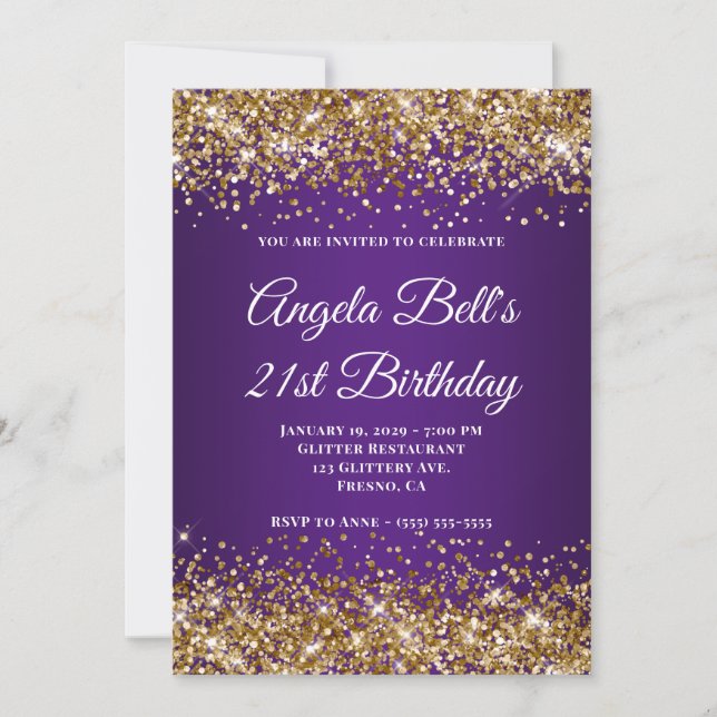 Convites Glitter Dourado Monograma Roxo Real 21º Aniversári (Frente)