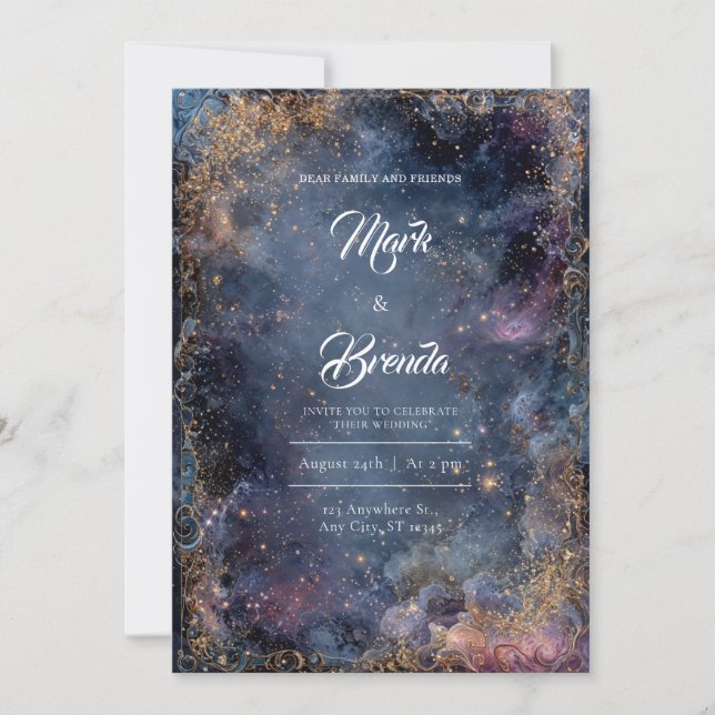 Convites Glitter Dourado Nebulosa Celestial Casamento Rosa  (Frente)