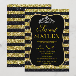 Convites Glitter Dourado negro e elegante Tiara Sweet 16