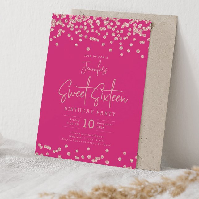 Convites Glitter Dourado rosa Confetti Sweet 16 Rosa Quente (Criador carregado)