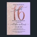 Convites Glitter Dourado Rosa de Lavanda Girly 16<br><div class="desc">Este convite de aniversário giro e chique de 16 anos é perfeito para o dia especial da sua filha adolescente. Ele apresenta um brilho rosa dourado cintilante impresso a falso grande, "16", sobre um simples roxo pastel lavanda e cintilação rosa dourada esmaecida para os lados, fundo ombre gradiente. É simples,...</div>