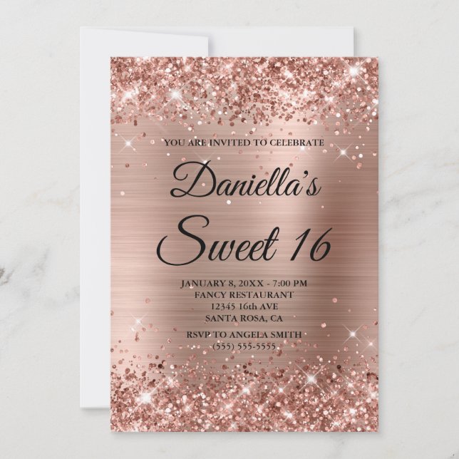 Convites Glitter Dourado rosa e Foil Sweet 16 (Frente)