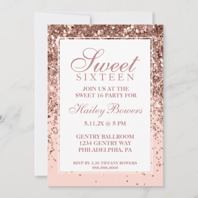 Convites Glitter Dourado Rosa escuro Fab Doce Dezesseis (Frente)