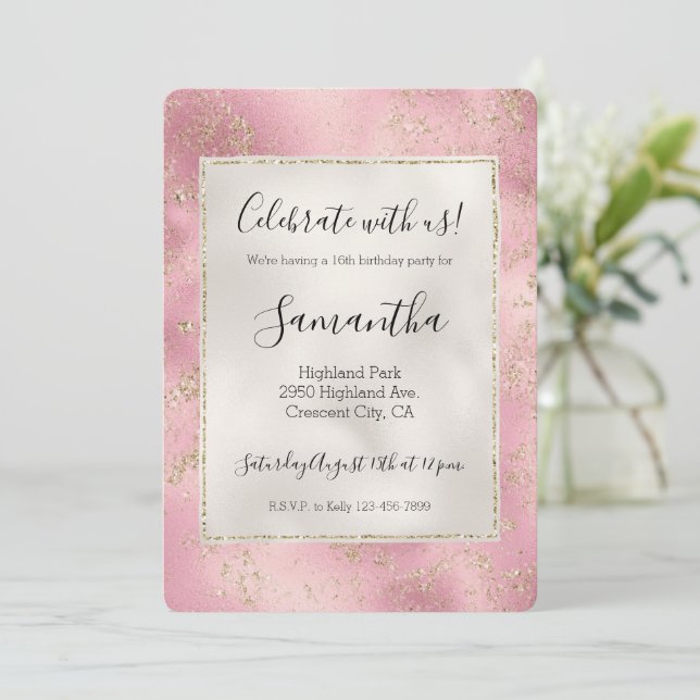 Convites Glitter Dourado Rosa Glitz Pearl Branco (Em pé/Frente)