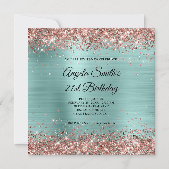 Convites Glitter Dourado Rosa Monograma Turquesa Pálido (Frente)