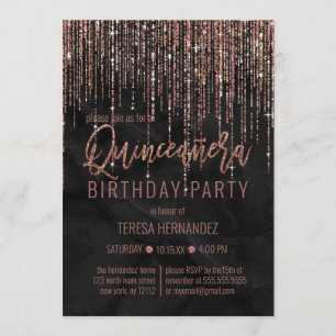 Convites Glitter Dourado Rosa negro Marble Quinceañera