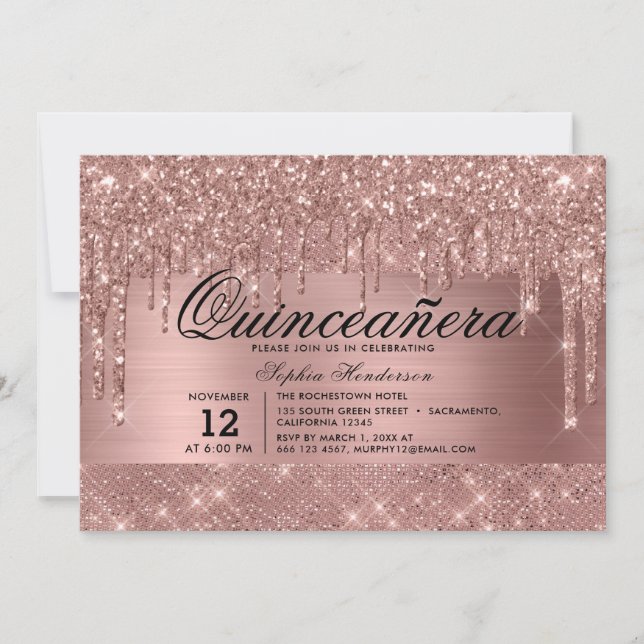 Convites Glitter Dourado rosa Quinceañera (Frente)