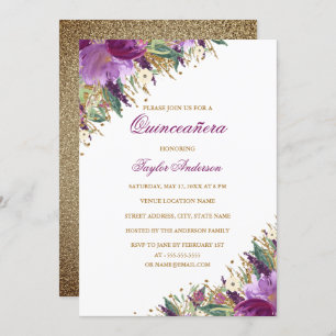 Convites Glitter Dourado Roxo Ametist Quinceanera Floral
